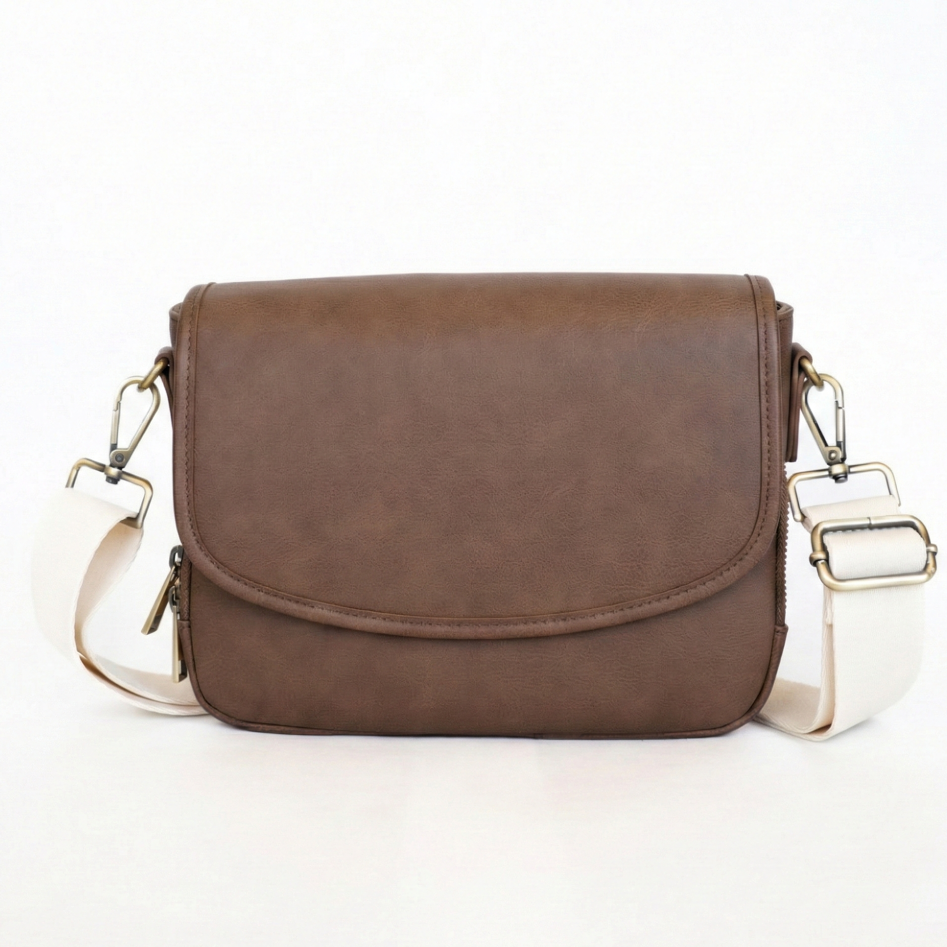 Brown leather crossbody bag on a white background