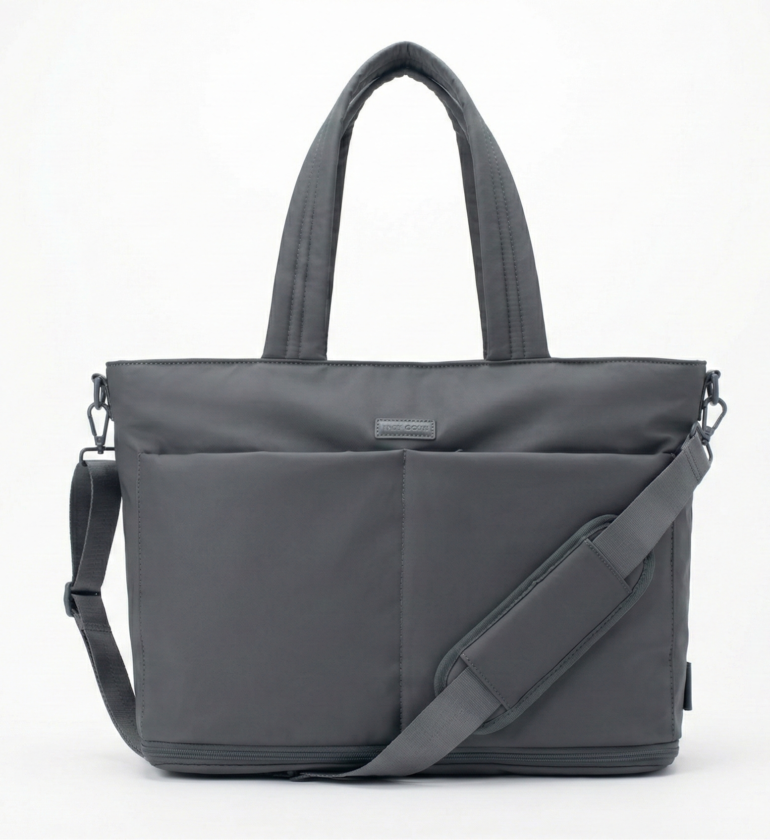 Gray tote bag with shoulder strap on a white background